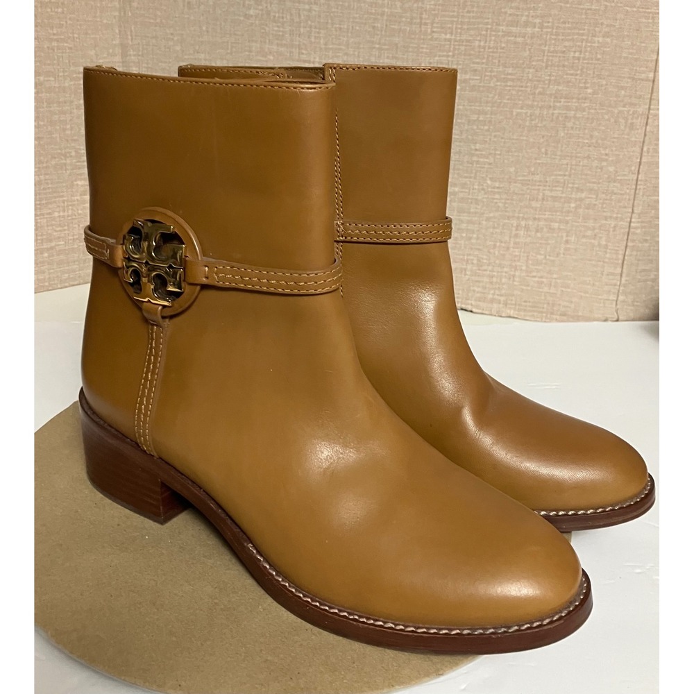 Tory Burch Miller Ankle Boots Women 9M Tan Excellent Leather Gold Logo Block - Picture 7 of 14